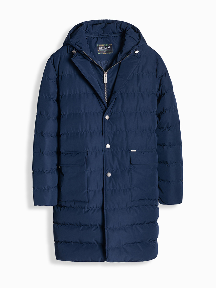 Men's long quilted jacket with lapels and lining - dark blue V1 OM-JALJ-0177