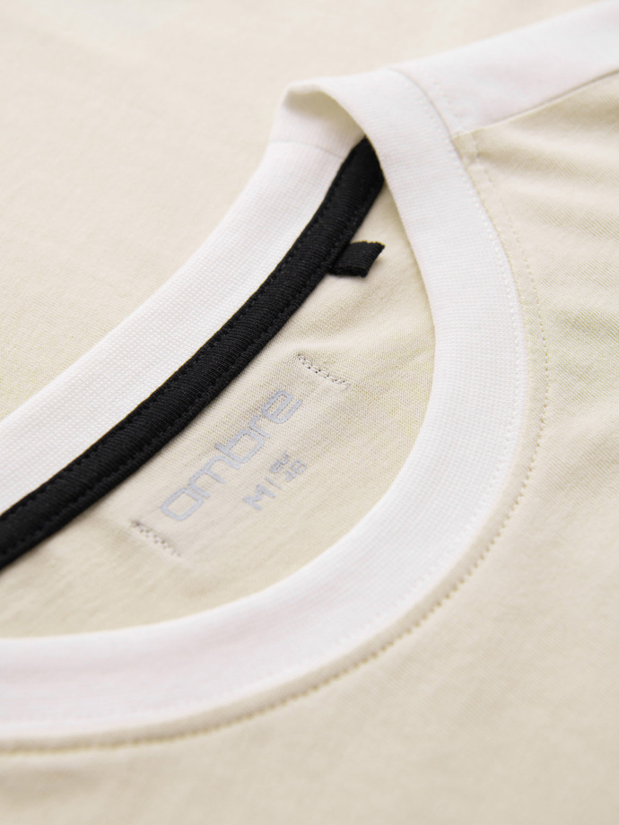 Męski t-shirt z kontrastowymi lampasami – kremowy V7 OM-TSCT-0115