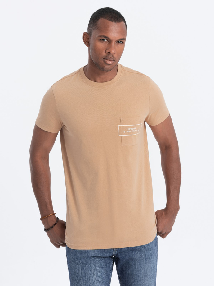 Men's cotton t-shirt with pocket print - light brown V6 S1742