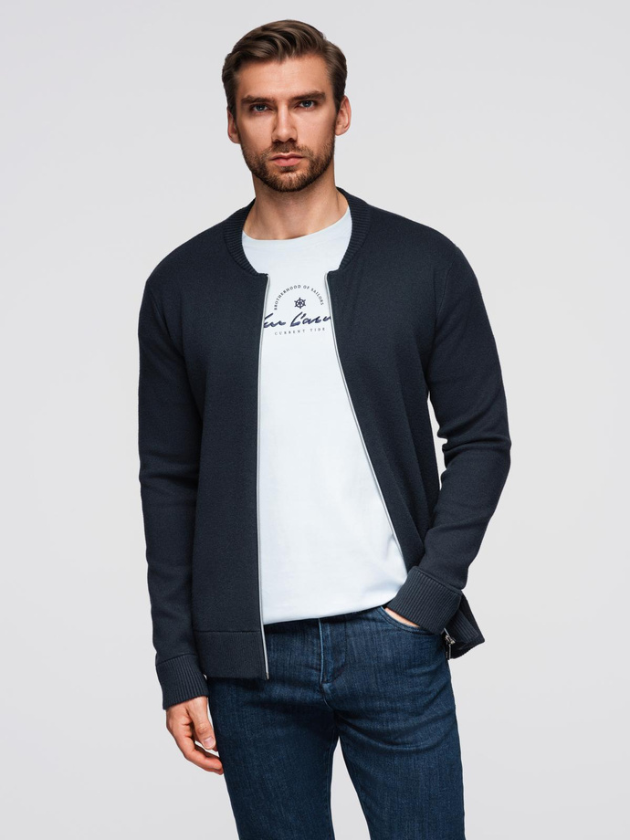 Sweter męski gładki na zamek  – granatowy V1 OM-SWZS-0146