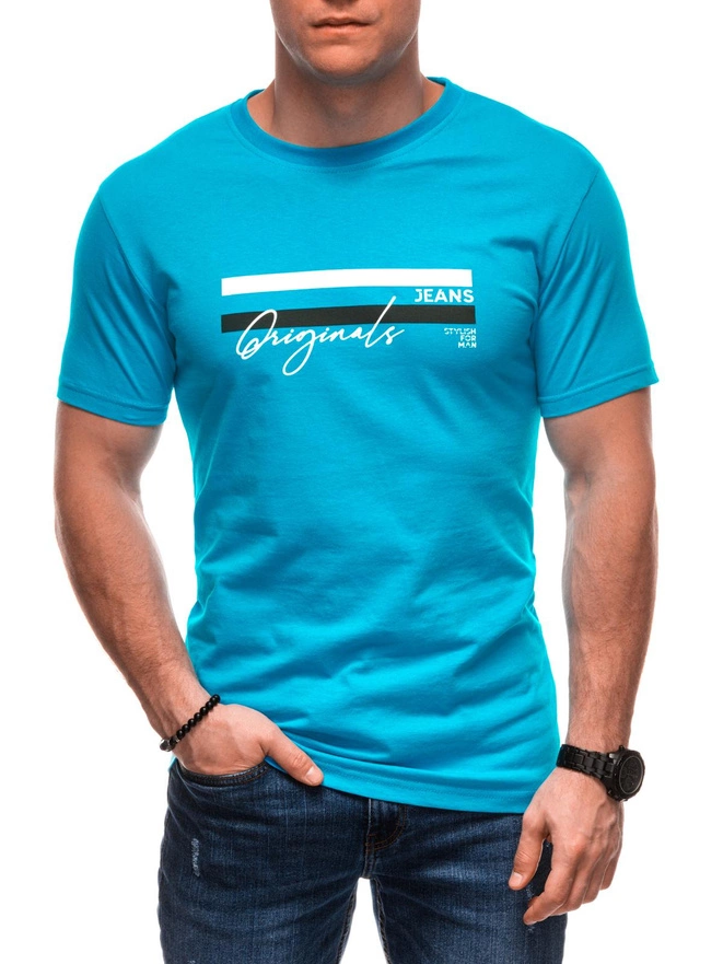 T-shirt męski z nadrukiem S2027 - jasnoniebieski