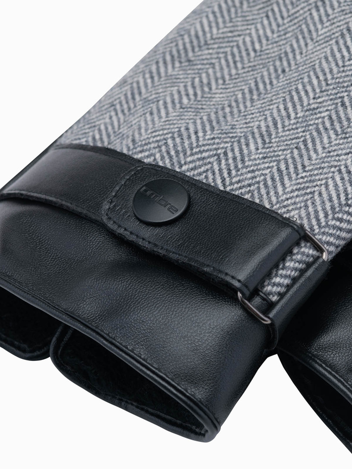 Eleganckie męskie rękawiczki z łączonych materiałów z wełną – szary melanż V1 OM-ACGL-0111