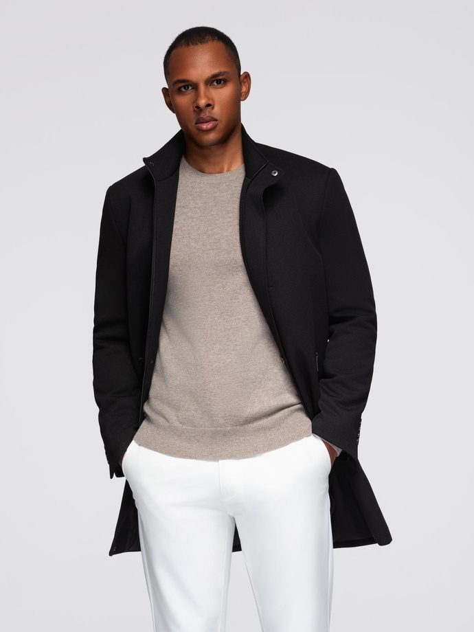 Fitted structured men's high collar coat - black V1 OM-COWC-0136