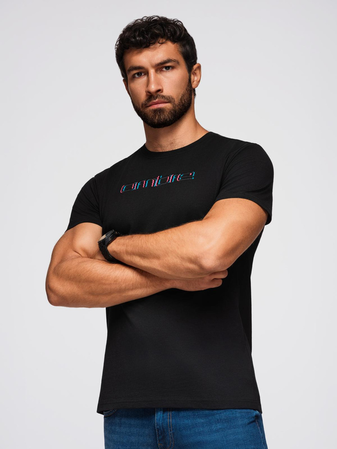 Men's t-shirt with embroidery on chest - black V1 OM-TSPT-0248