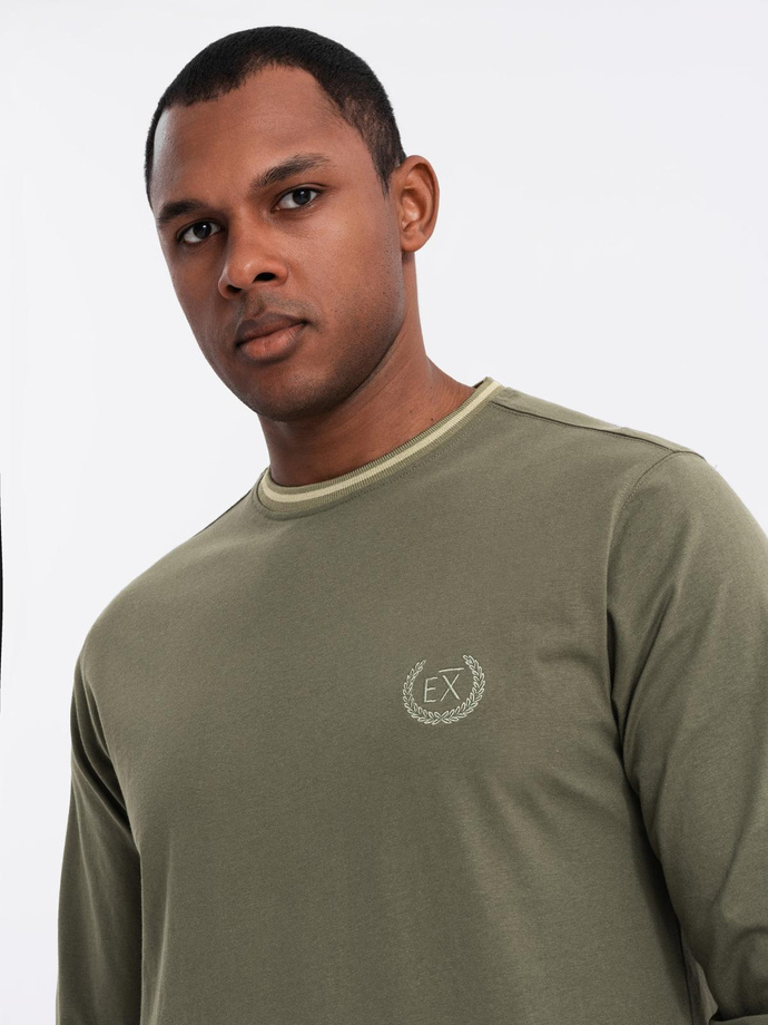 Men's cotton longsleeve with U neckline with stripes and embroidery - olive V1 OM-LSCL-0128