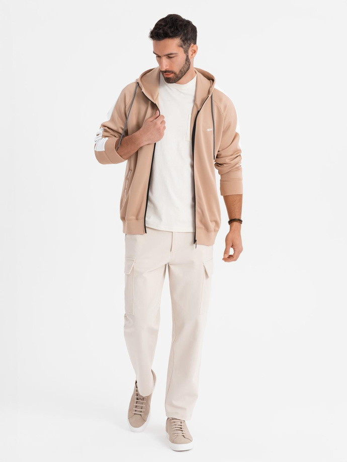 Unzipped men's hooded sweatshirt with piping - beige V4 OM-SSZP-0210