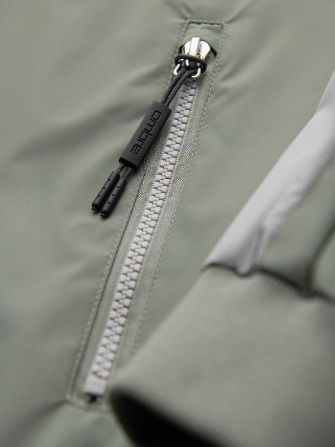 Męska kontrastowa kurtka wiatrówka z kapturem  - oliwkowo-szara V3 OM-JANP-0228