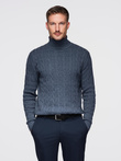 Men's turtleneck sweater with checkered weave - navy blue V3 OM-SWTN-0157
