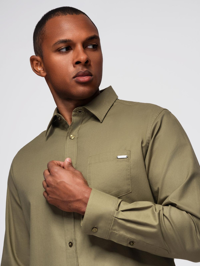Men's cotton shirt with pocket REGULAR FIT - olive V2 OM-SHCS-0147