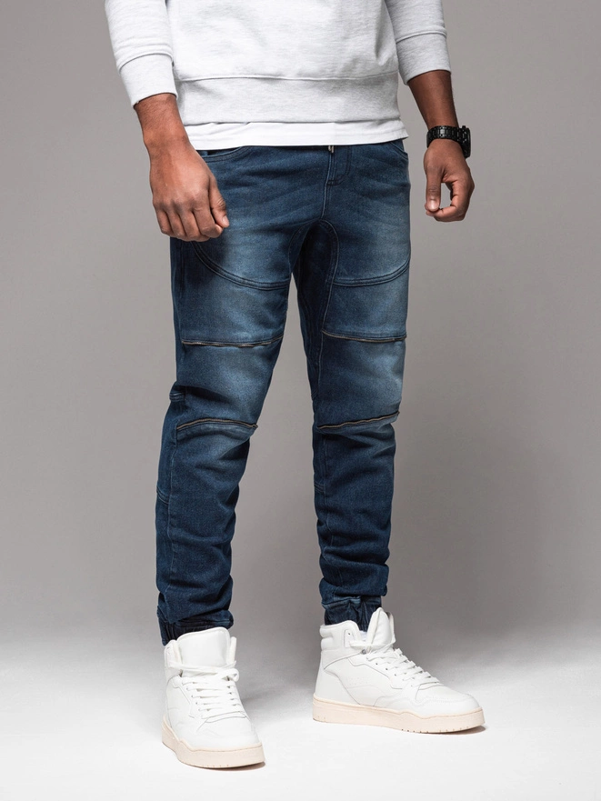 Men's denim jogger pants with rips and zippers - dark blue V1 OM-PADJ-0243