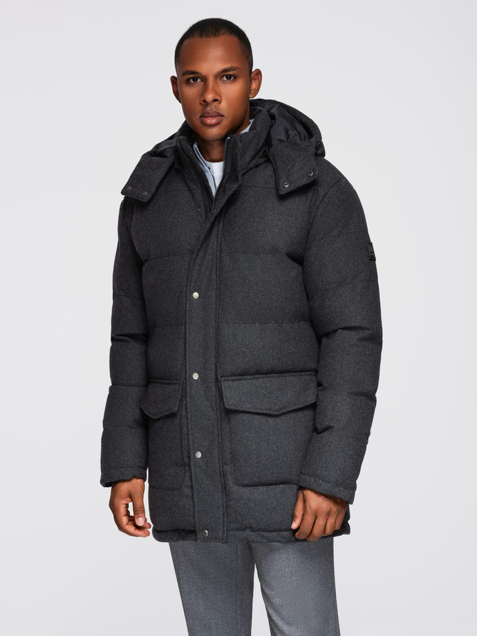 Men's long warm parka jacket with wool - black melange V2 OM-JALJ-0217