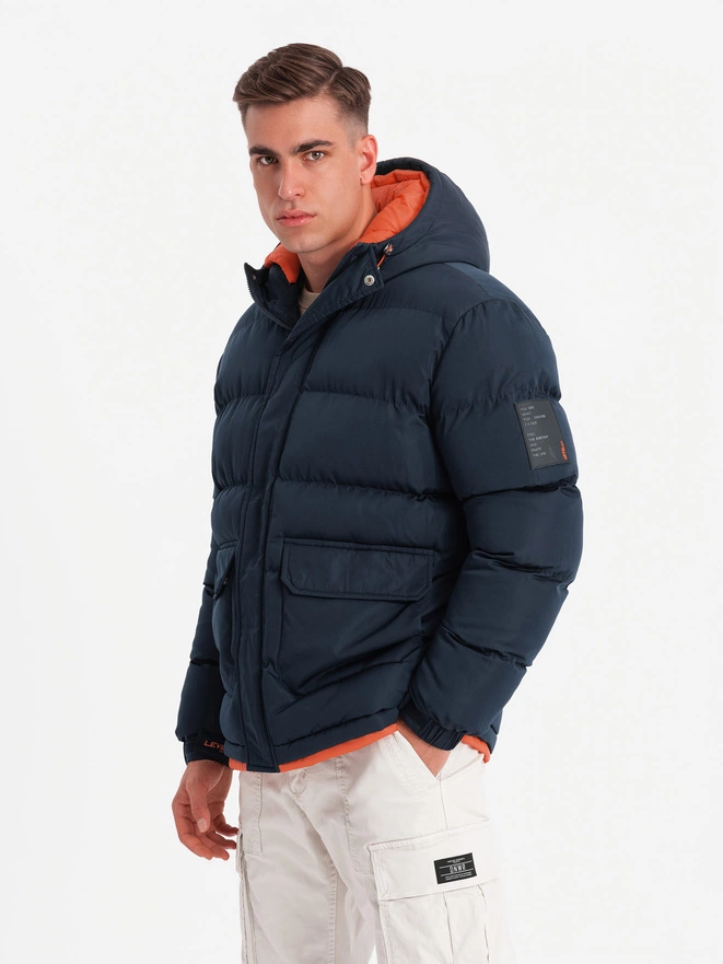 Warm men's sports jacket with double hood - navy blue V2 OM-JAHP-0208