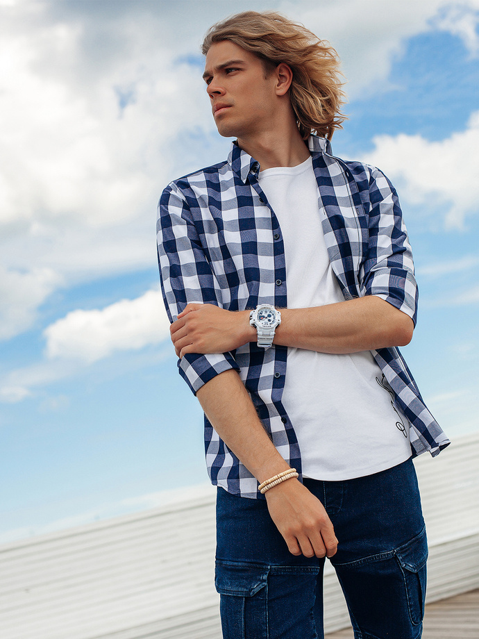 Koszula męska w kratę z długim rękawem - granatowa K282