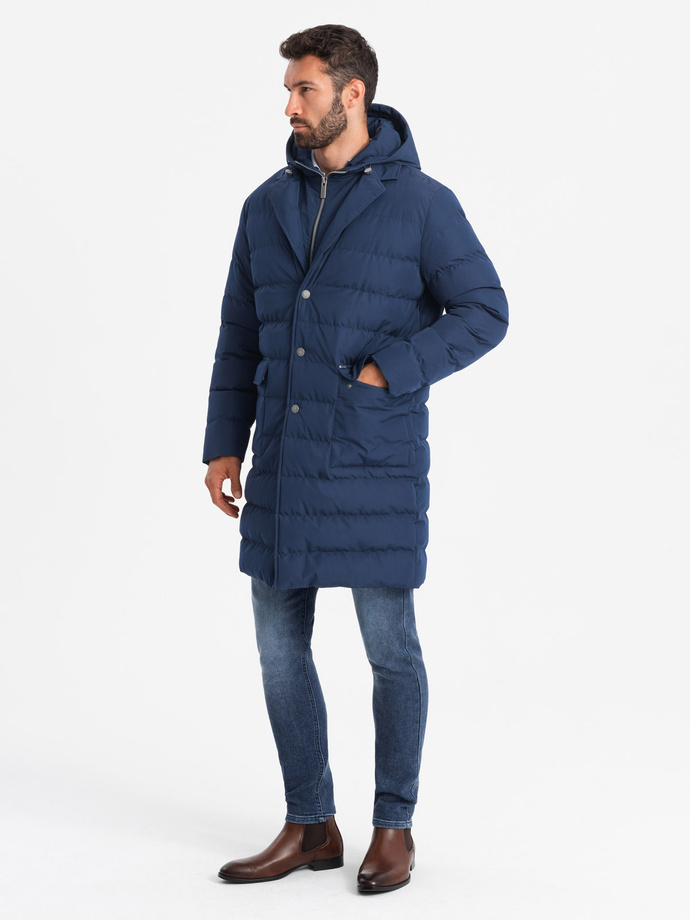 Men's long quilted jacket with lapels and lining - dark blue V1 OM-JALJ-0177