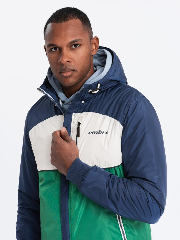 Lightweight colorful men's sports jacket with fleece - green and navy blue V20 OM-JANP-0194