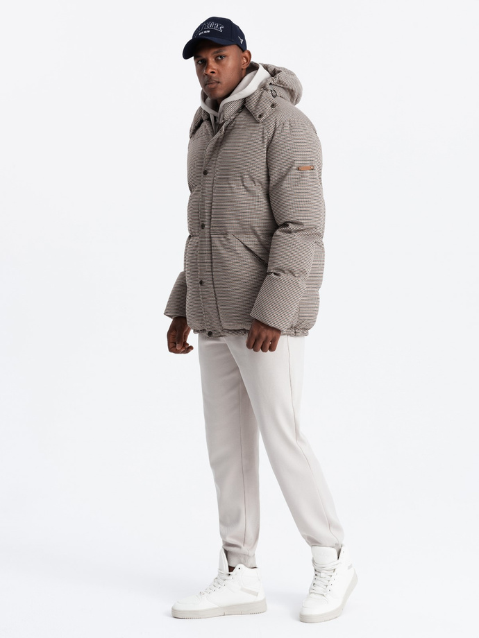 Mocno ocieplana męska kurtka typu puffer w pepitkę – brązowa V1 OM-JAHP-0174