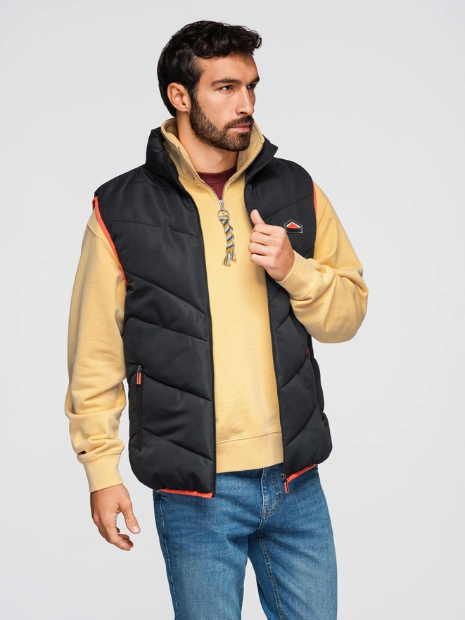 Men's quilted sleeveless jacket with neon accents - black V4 OM-JAVJ-0210