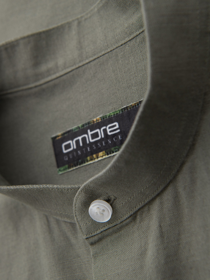 Men's linen shirt with stand-up collar and pocket REGULAR FIT - khaki V6 OM-SHCS-0161