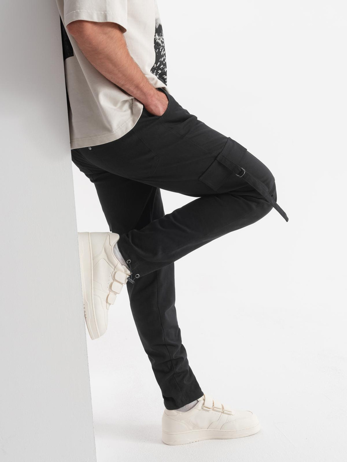 Spodnie męskie cargo STRAIGHT LEG z paskami na kieszeniach – czarne V4 OM-PACG-0197