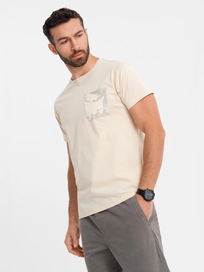 Męski bawełniany t-shirt z printowaną kieszonką  – kremowy V2 OM-TSPT-0228