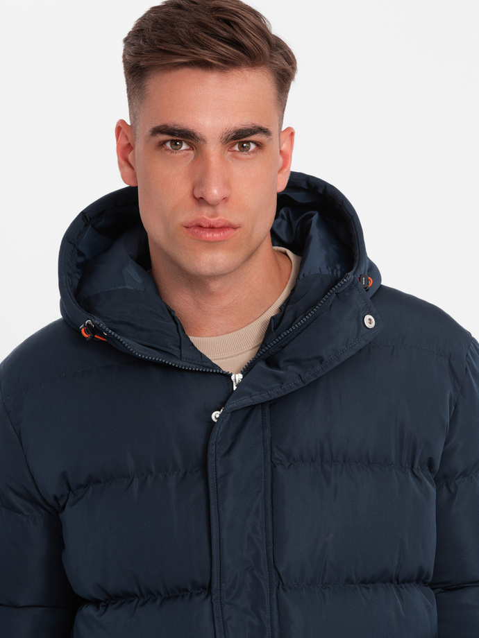 Ciepła sportowa kurtka męska z podwójnym kapturem – granatowa V2 OM-JAHP-0208