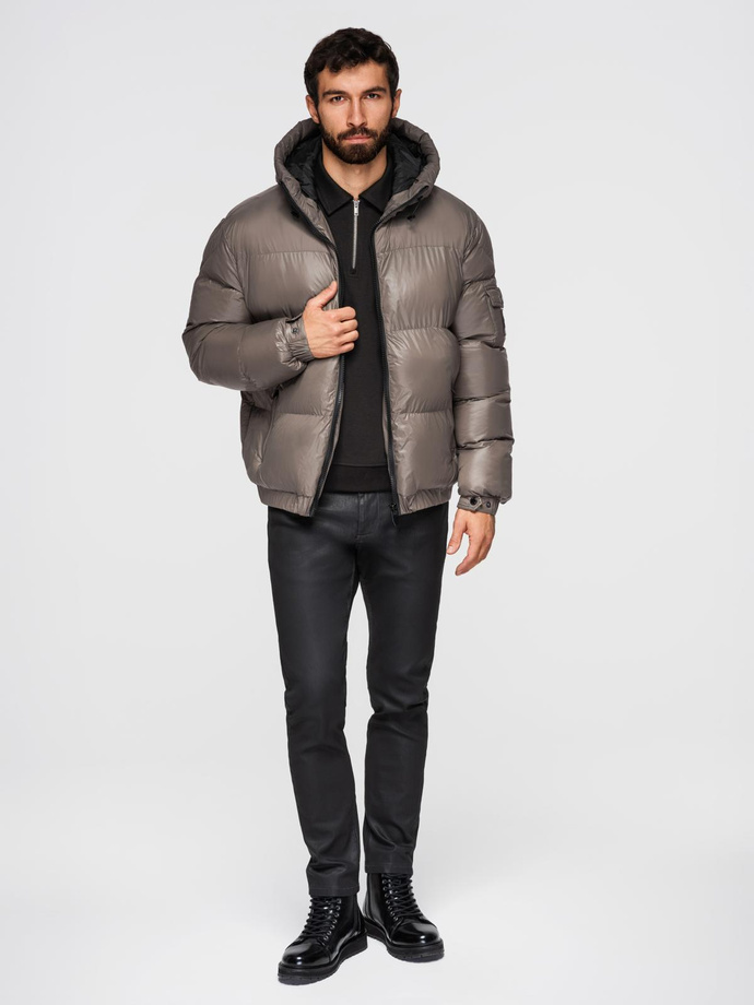 Ciepła męska kurtka puffer ze ściągaczami – ciemnobeżowa V3 OM-JAHP-0207