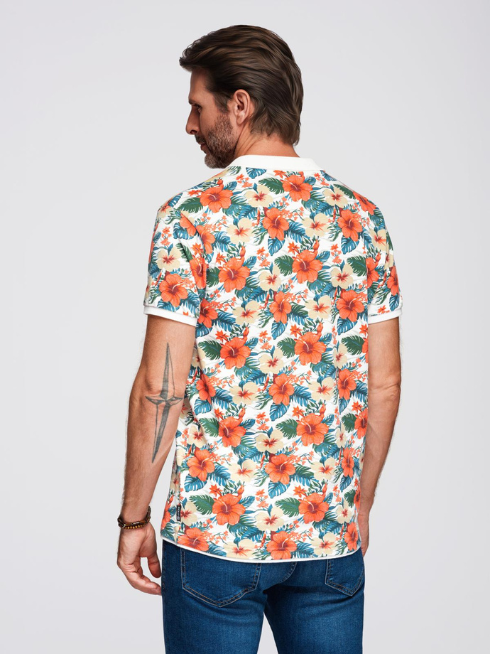 Cotton polo shirt with floral print - white V1 OM-POSS-0149