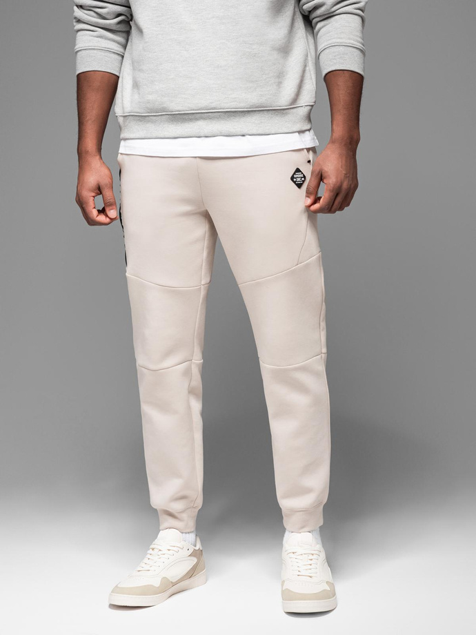 Men's sweatpants with ribbed cuffs and decorative zipper - sand V6 OM-PASK-0226
