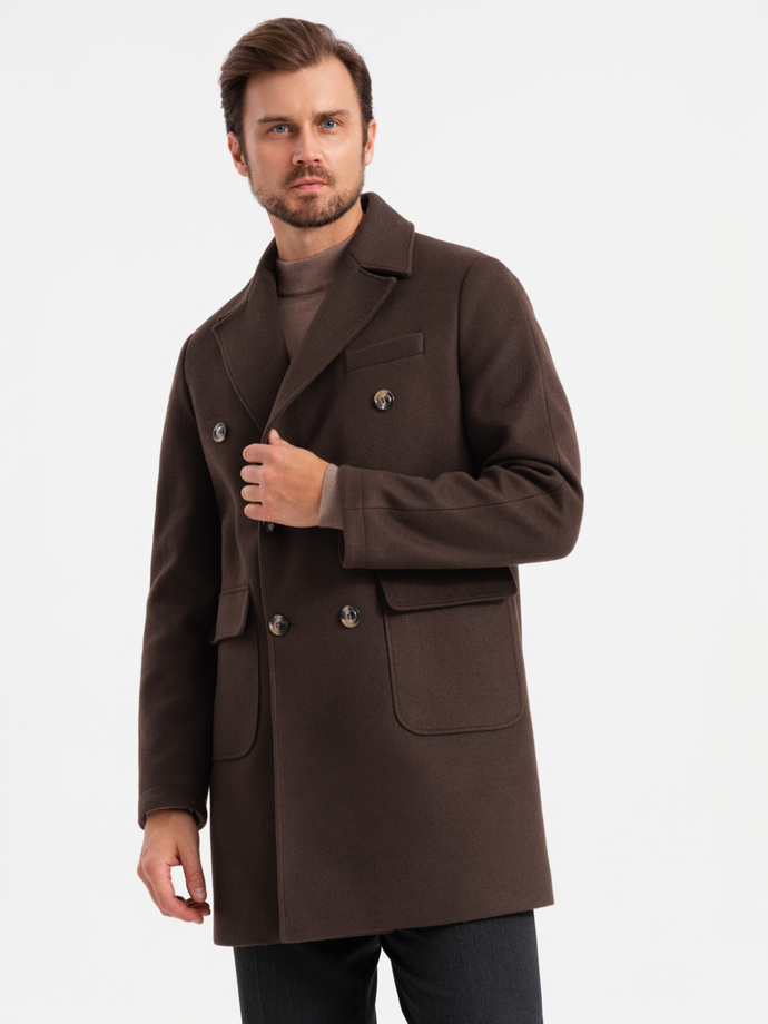 Men's double-breasted coat with decorative buttons - dark brown V3 OM-COWC-0109