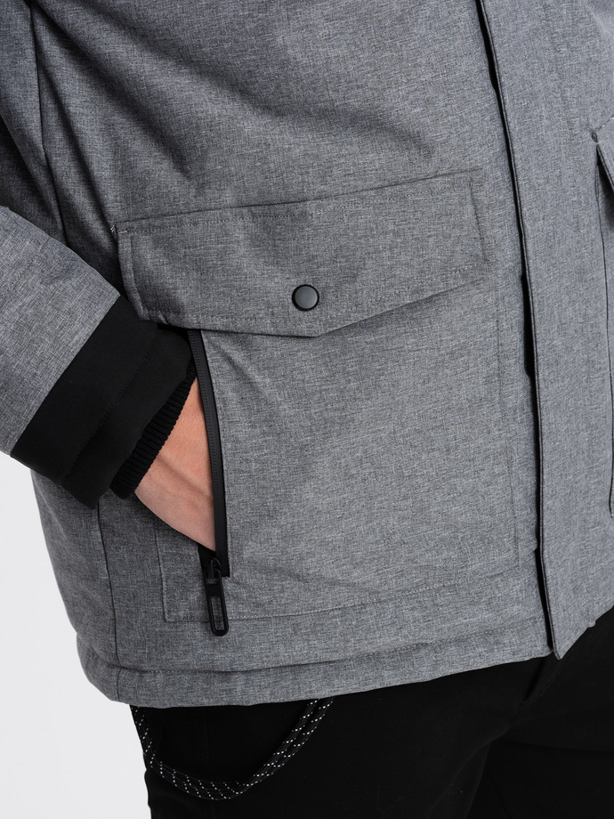 Men's winter jacket with adjustable hood with detachable fur - grey and black V1 OM-JAHP-0144