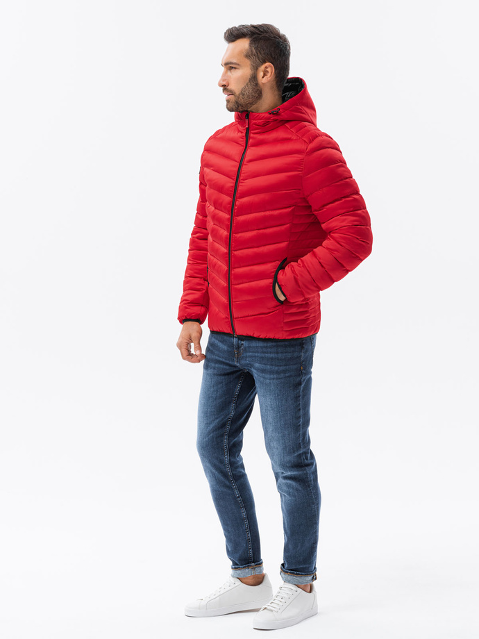 Kurtka męska pikowana o satynowym wykończeniu - czerwona V7 OM-JALP-0121
