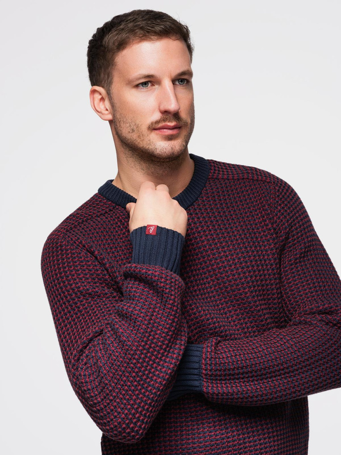Men's contrast weave sweater with round neckline - maroon V1 OM-SWSW-0122
