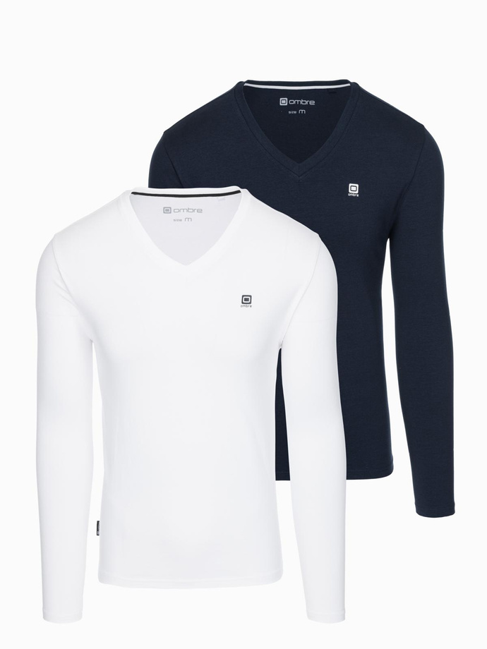Set of men's SLIM FIT longsleeves with V neckline and logo 2-pack - mix white/blue V1 Z103