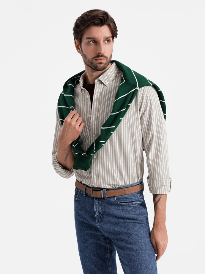 Men's cotton REGULAR FIT shirt with fine stripes - beige V1 OM-SHOS-0170