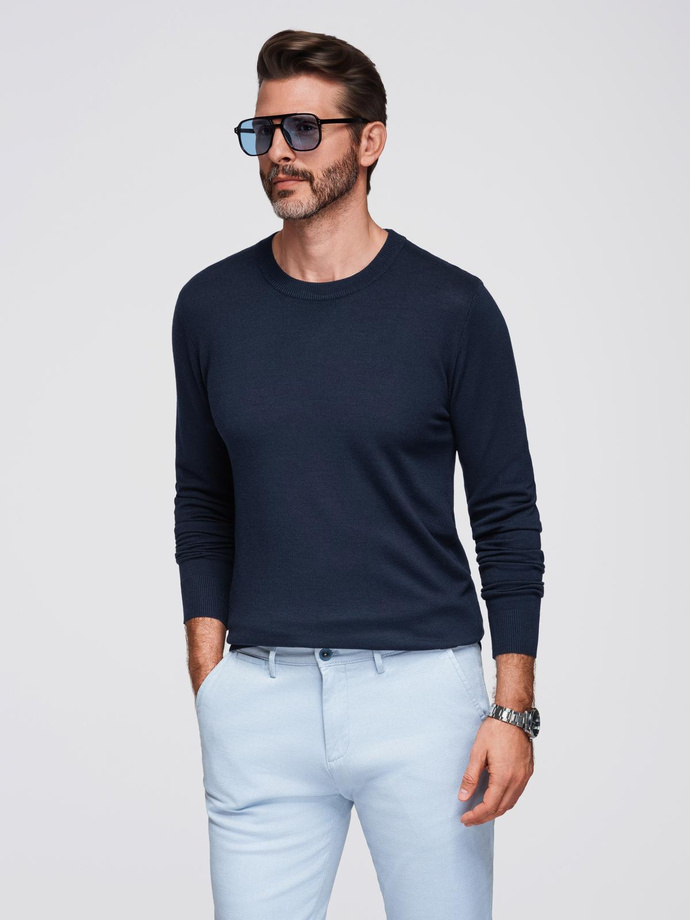 Men's sweater with round neckline in stretch knit with classic weave - navy blue V1 OM-SWSW-0183