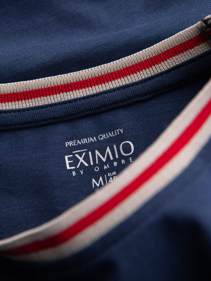 Męski bawełniany longsleeve z dekoltem U w paski i haftem – ciemnoniebieski V3 OM-LSCL-0128