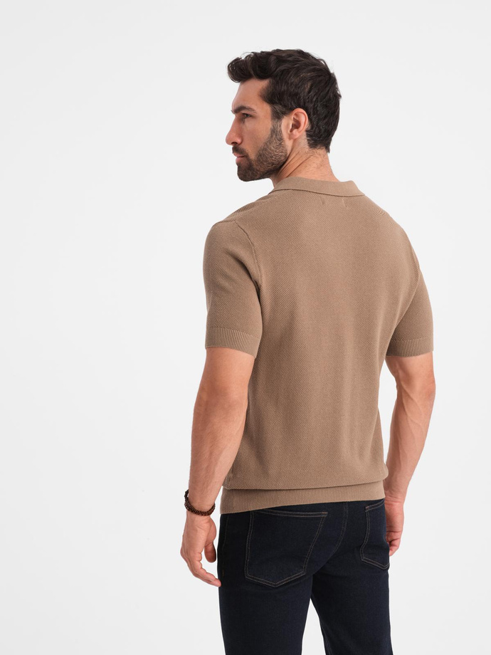 Men's cotton structured knit polo shirt - light brown V3 OM-POSS-0117