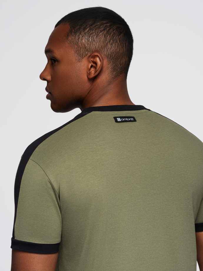 Men's T-shirt with contrasting stripes - olive V4 OM-TSCT-0115