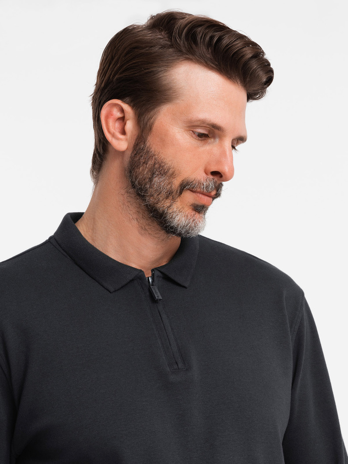 Męski longsleeve z zapinanym na zamek kołnierzykiem polo – czarny V8 OM-POLS-0130