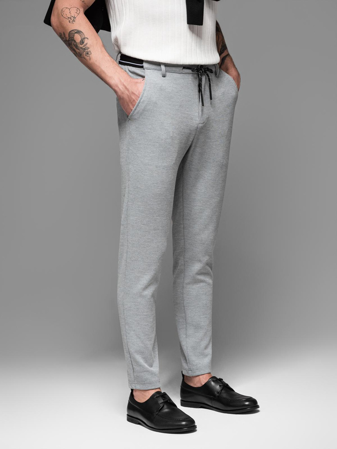 Men's knitted pants with elastic waistband - light grey V1 OM-PACP-0116