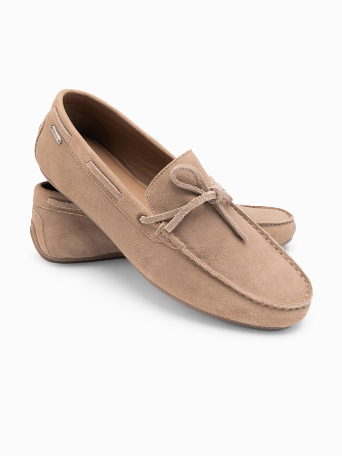 Men's leather moccasin shoes with thong and driver sole - beige V1 OM-FOCS-0150