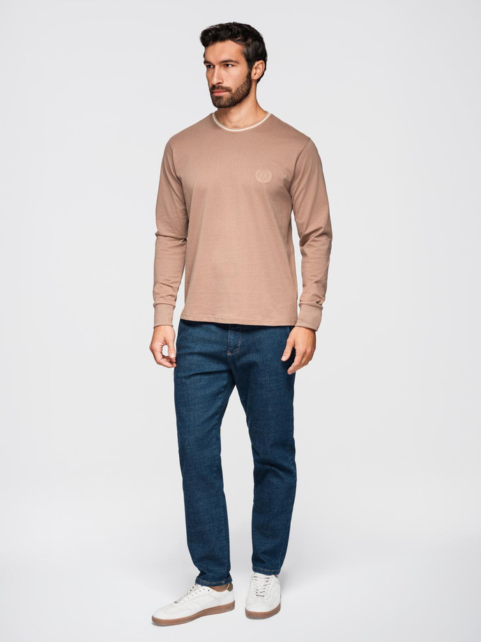 Longsleeve bawełniany męski z dekoltem U w paski i haftem – brązowy V6 OM-LSCL-0128