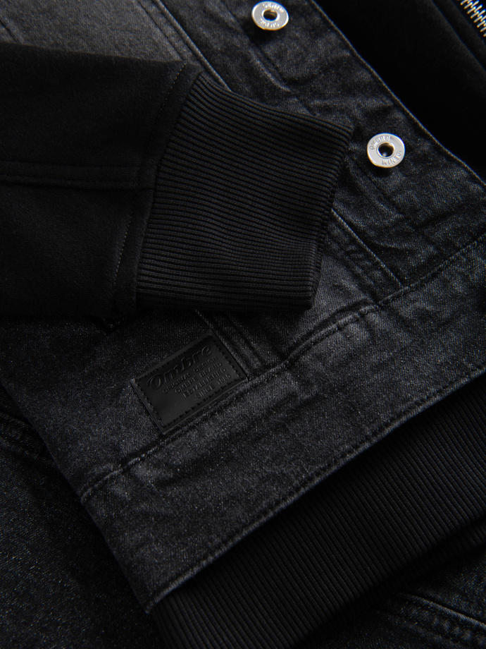 Men's denim jacket with knitted sleeves and hood - black V3 OM-JADJ-0220