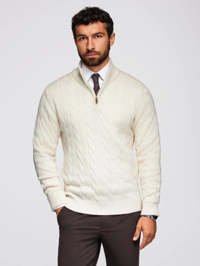 Men's plaid sweater with turtleneck zipper - cream V1 OM-SWZS-0138