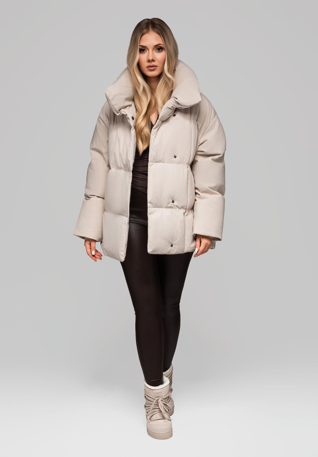 Women's quilted jacket with belt and collar OW-JAHP-0106 v2 - beige