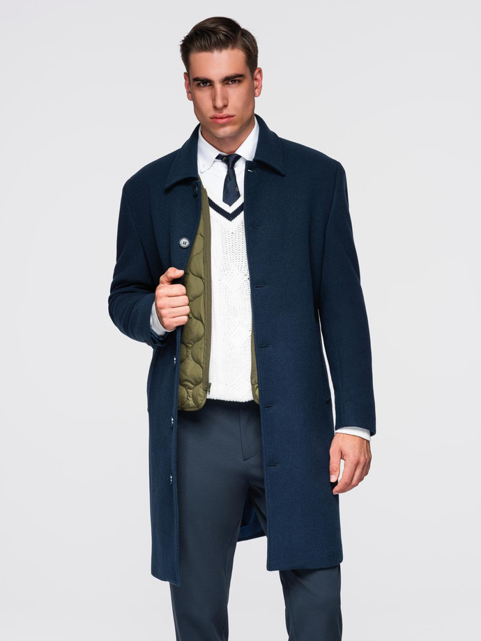Long men's single-breasted coat with collar and undercoat - navy blue V3 OM-COWC-0135