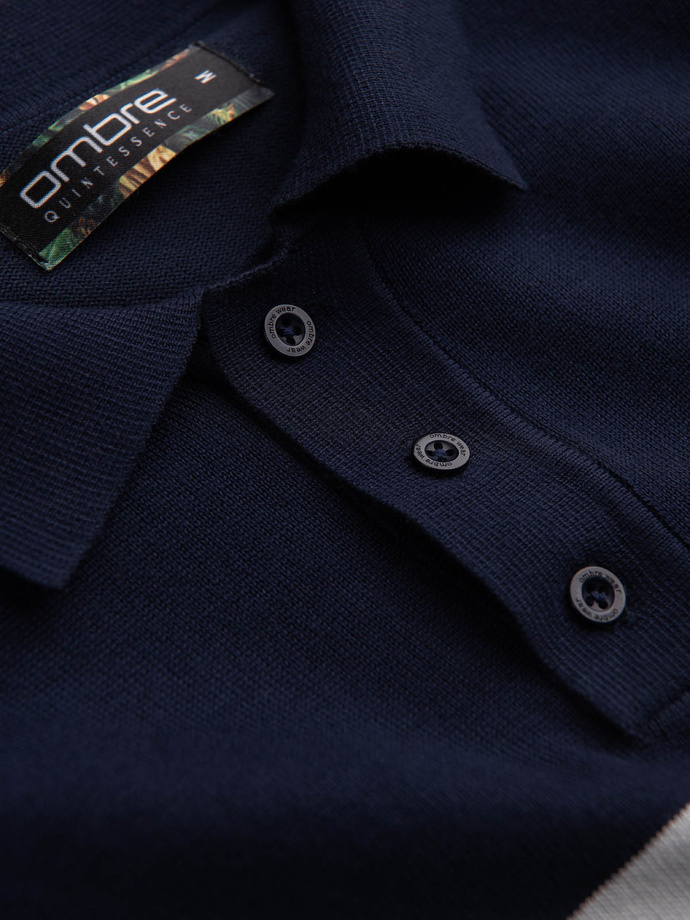 Koszulka męska polo z miękkiej dzianiny z kontrastowymi pasami - granatowa V2 OM-POSS-0118