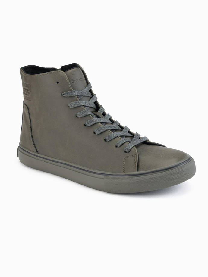 Men's high-top sneakers with matte texture and embossed logo - dark olive V2 OM-FOTH-0185