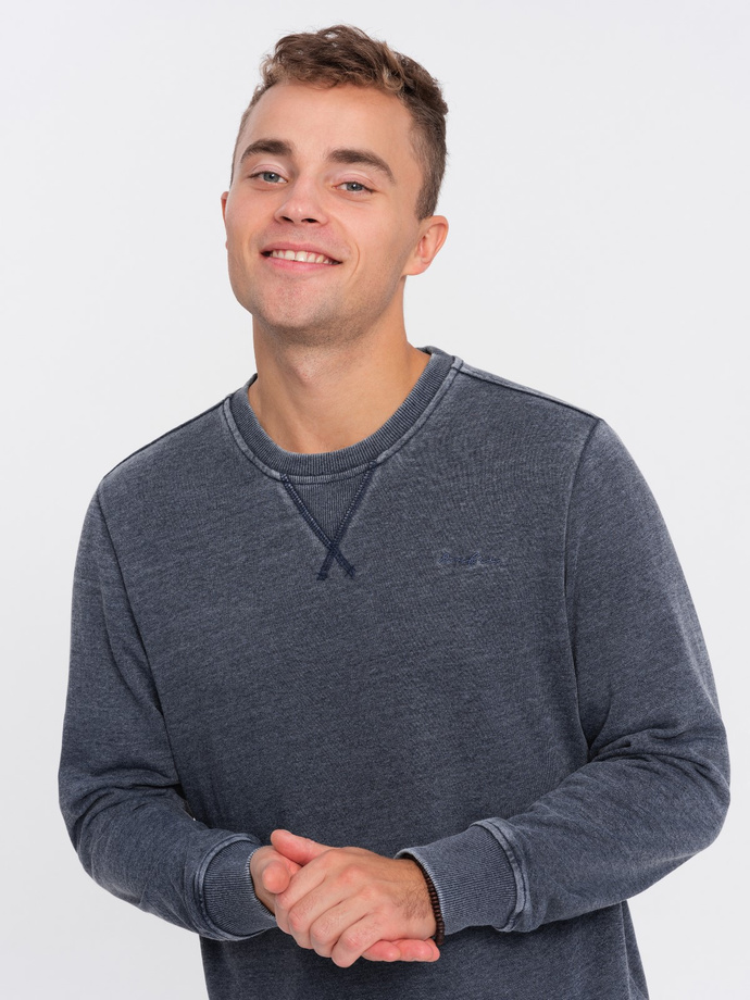 Washed men's sweatshirt with decorative stitching at the neckline - navy blue V4 OM-SSDS-0131