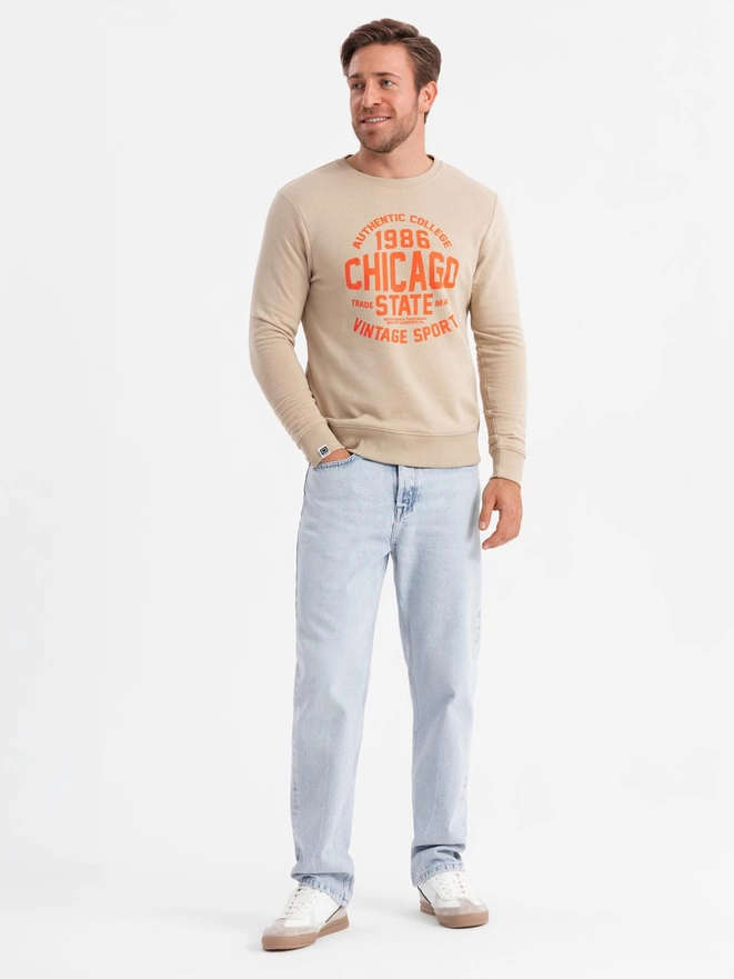 Men's unbuttoned sweatshirt with collegiate print - sand V1 OM-SSPS-0154